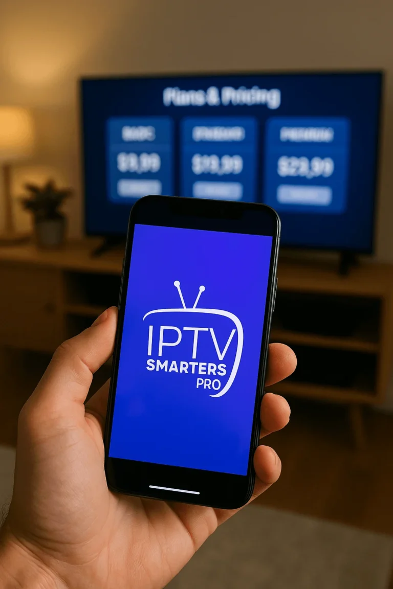 Smartphone mostrando IPTV Smarters Pro frente a TV con planes y precios en pantalla