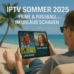 Man on a beach watching IPTV on a tablet with German text about streaming movies and football during summer vacation.