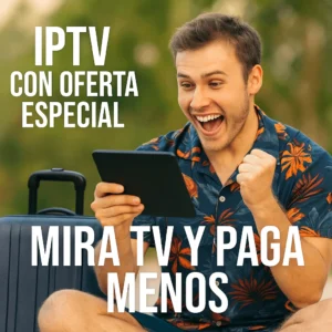 Homme heureux regarde IPTV sur une tablette, en vacances avec valise à côté