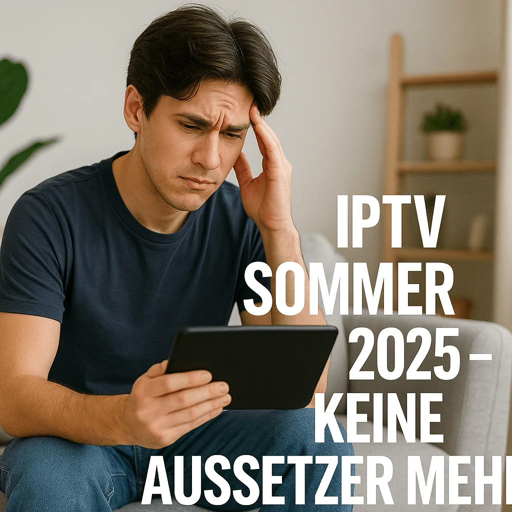 Frustrated man looking at tablet with German text promoting IPTV without interruptions.