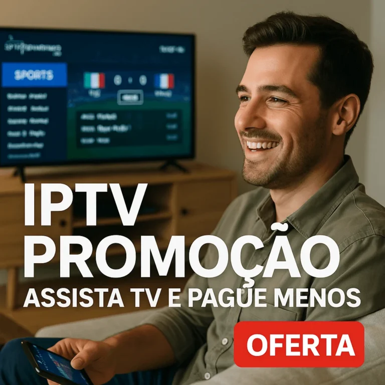Homem sorridente assistindo IPTV no celular com promoção especial na tela