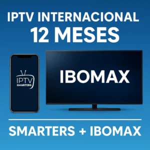 Promotional image for IPTV Internacional 12 Meses – shows IPTV Smarters app on a smartphone and IBOMAX logo on a TV screen.