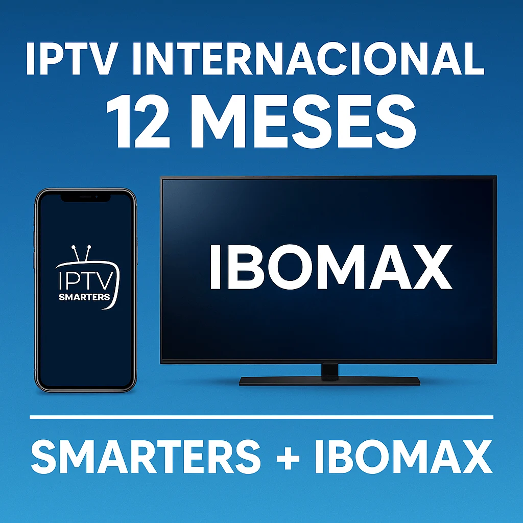 Promotional image for IPTV Internacional 12 Meses – shows IPTV Smarters app on a smartphone and IBOMAX logo on a TV screen.