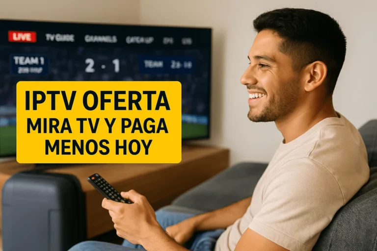 Hombre feliz viendo televisión en IPTV desde casa, con pantalla de deportes en vivo y oferta destacada