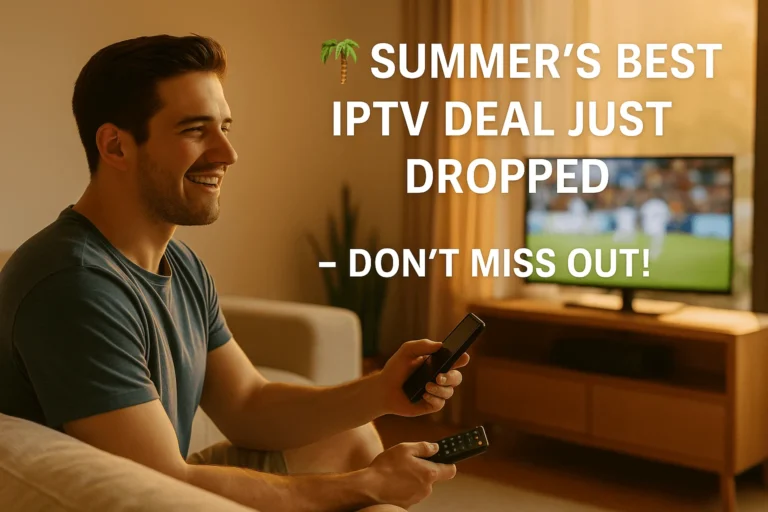 Man enjoying summer IPTV deal with live sports and movies on Smart TV