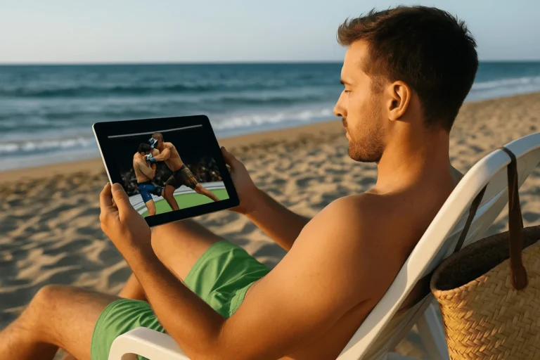 Homme regardant un match de sport en streaming sur une tablette à la plage pendant ses vacances d’été.
