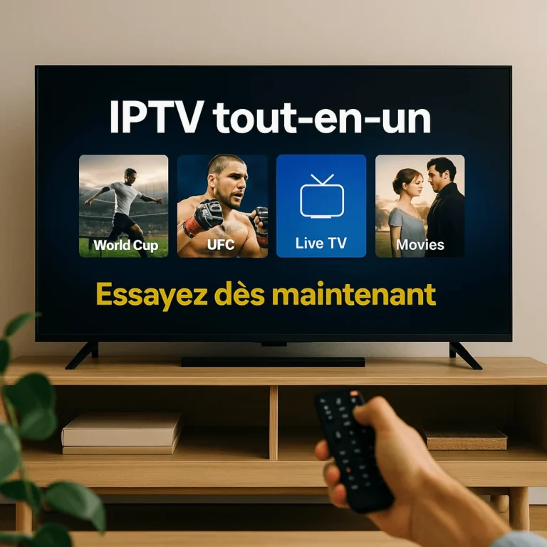 Écran de télévision affichant les catégories IPTV tout-en-un : Coupe du Monde, UFC, TV en direct, Films