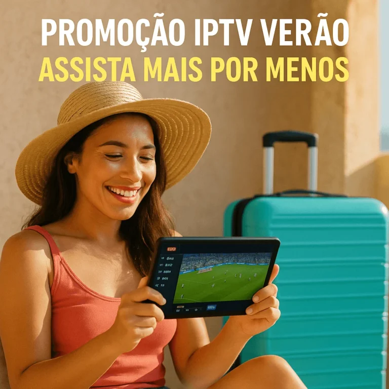 Mulher sorridente assiste futebol ao vivo via IPTV no tablet, com mala azul ao lado e texto “Promoção IPTV Verão – Assista Mais por Menos”