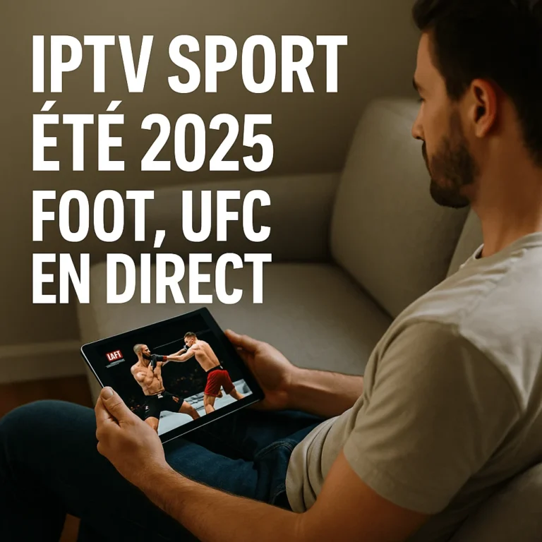 Man watching live UFC fight on a tablet with French IPTV summer 2025 sports promo text.