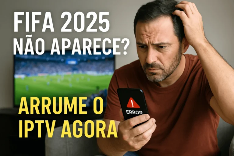 Homem assistindo à TV com tela travada durante o FIFA 2025 e segurando controle remoto com expressão de frustração.