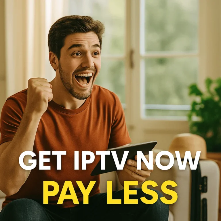 Man watching IPTV cheerfully on a tablet, excited expression, "GET IPTV NOW – PAY LESS" promo text overlay