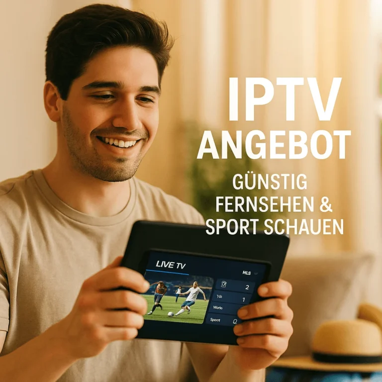 Junger Mann mit Tablet schaut Live-Sport über IPTV zu Hause – Text “IPTV ANGEBOT – GÜNSTIG FERNSEHEN & SPORT SCHAUEN”