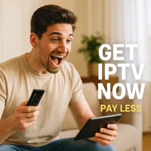 Young man enjoying IPTV on tablet outdoors, wearing summer shirt, relaxed vacation setting