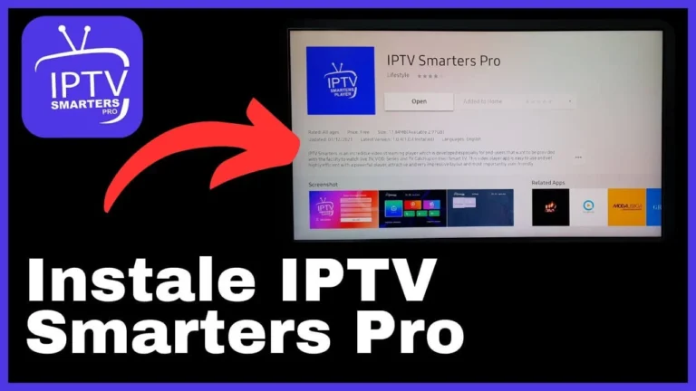 TV screen showing IPTV Smarters Pro app page with a red arrow pointing to the install button and app logo on the side