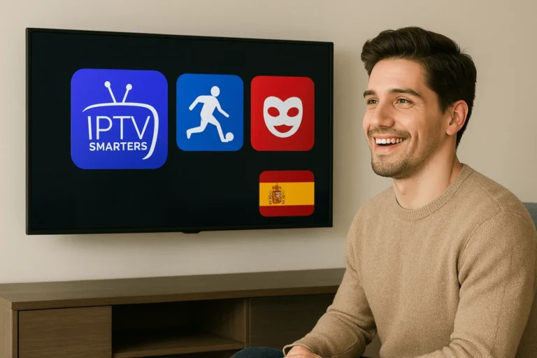 Imagen promocional IPTV Smarters Pro en España mostrando un hombre sonriente viendo una Smart TV con iconos de deportes, entretenimiento y la bandera española
