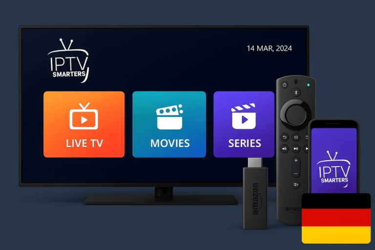 Imagen promocional IPTV Smarters Pro en Alemania mostrando Smart TV, Fire Stick y smartphone con la app y bandera alemana
