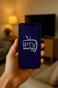 Smartphone con logo IPTV Smarters Pro sostenido en una mano en un salón iluminado