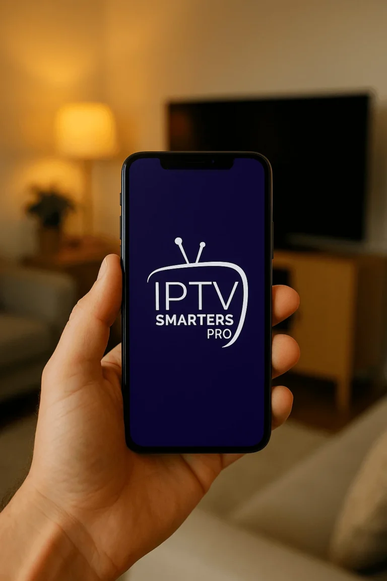 Smartphone con logo IPTV Smarters Pro sostenido en una mano en un salón iluminado