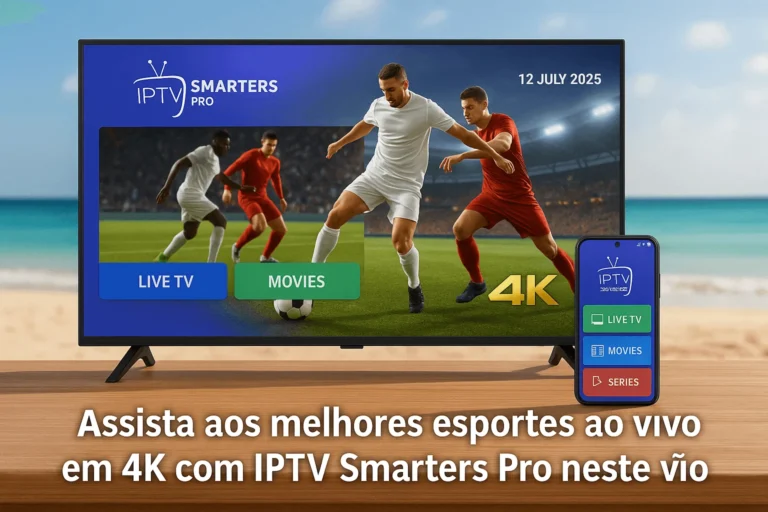 Tela mostrando futebol ao vivo em 4K com IPTV Smarters Pro, com TV e smartphone frente à praia