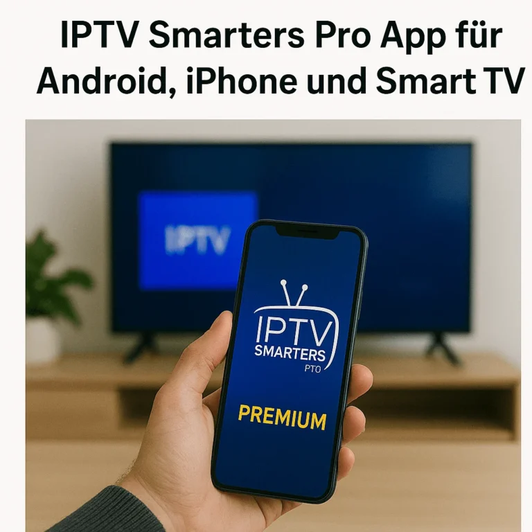 Smartphone mit IPTV Smarters Pro App vor einem Fernseher in moderner Wohnumgebung