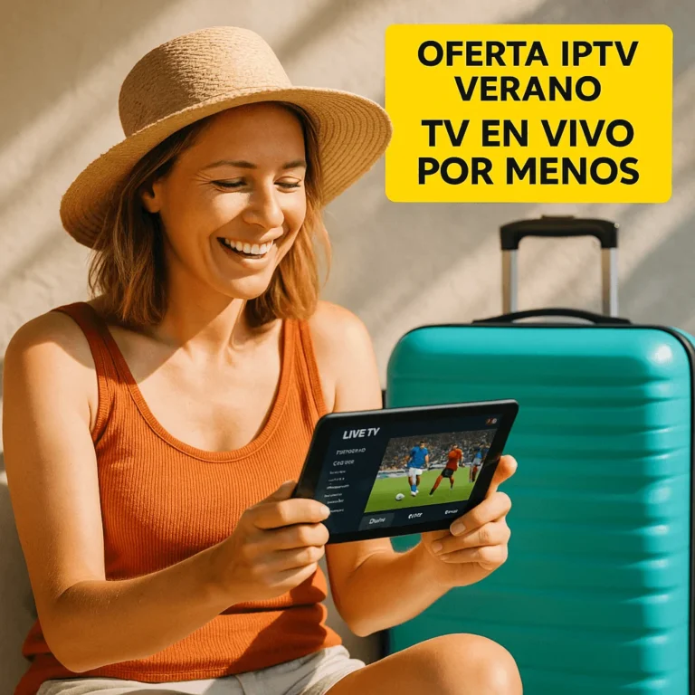 Smiling woman watching live TV on tablet with turquoise suitcase beside her, summer vacation scene