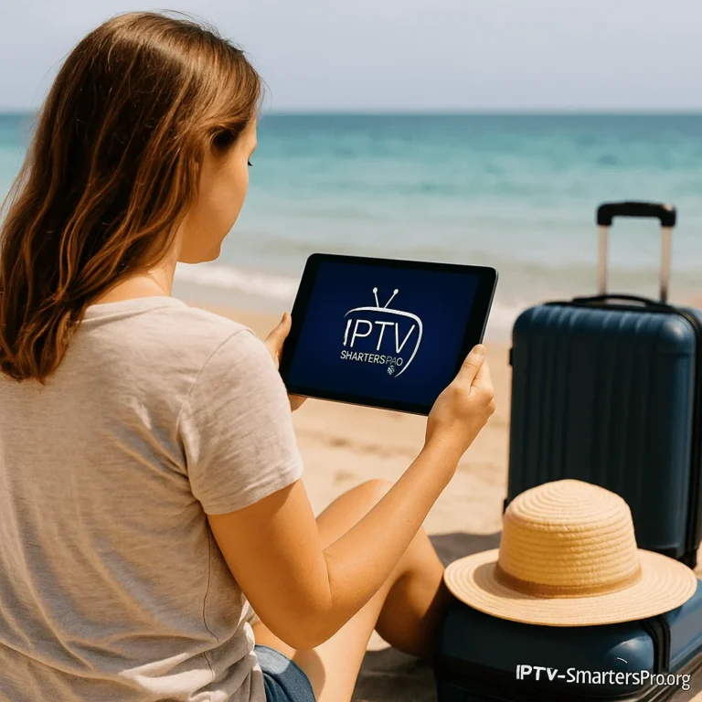 Mulher assistindo IPTV no tablet na praia, com mala e chapéu de sol ao lado, clima de verão e viagem.