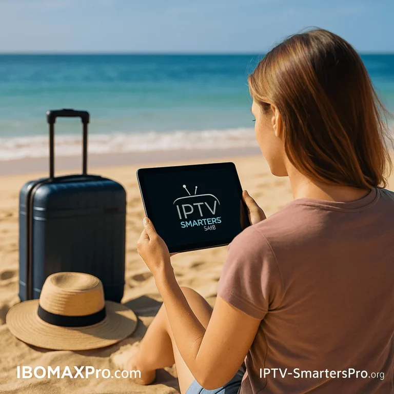 Frau schaut IPTV auf dem Tablet am Strand, mit Koffer und Sonnenhut im Hintergrund, sommerliche Atmosphäre