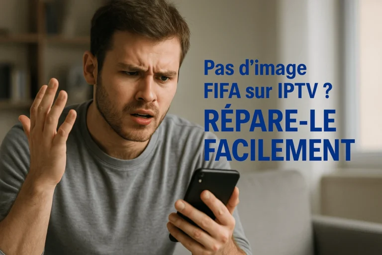 Homme frustré avec téléphone – pas d’image FIFA sur IPTV