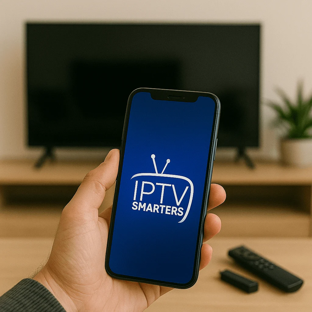 Smartphone mostrando IPTV Smarters Pro frente a uma Smart TV com Fire Stick na mesa