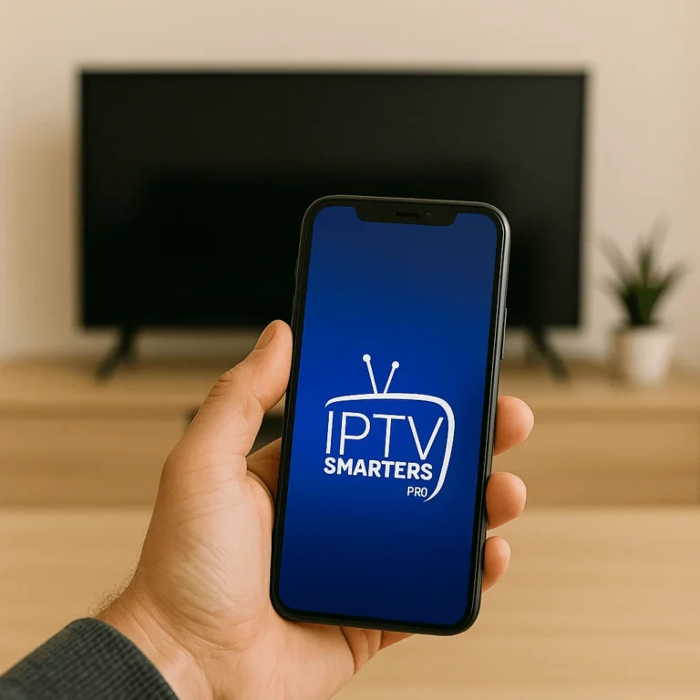 Smartphone exibindo IPTV Smarters Pro diante de uma TV em sala moderna e aconchegante