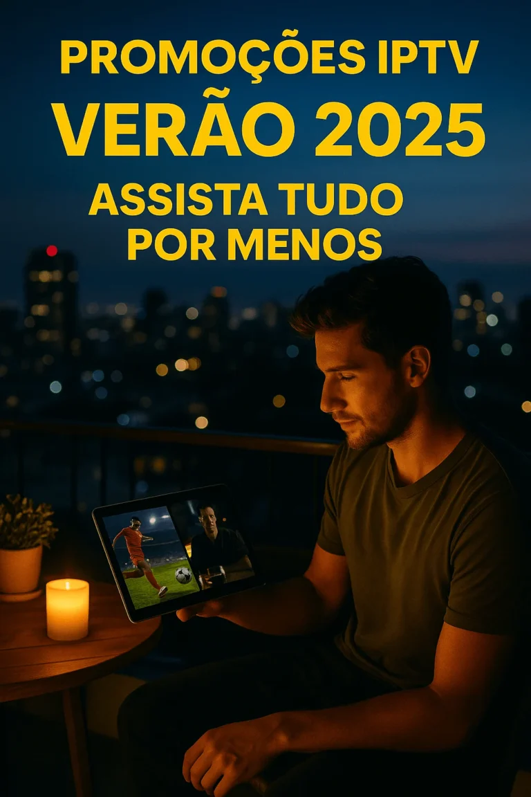 Man on a balcony at night watching IPTV on a tablet with Portuguese promo text for summer 2025.