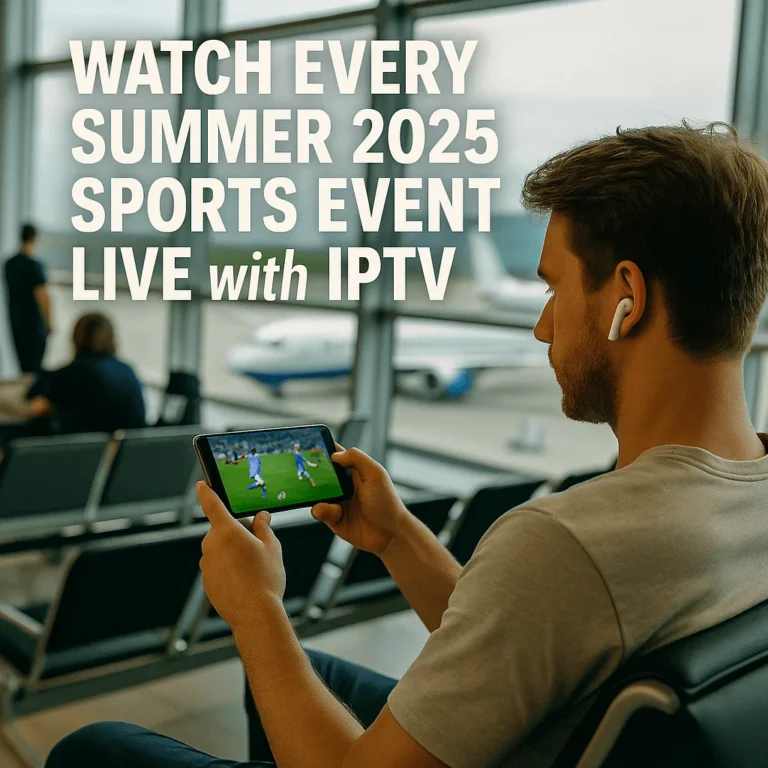 Man in airport watching live sports on his phone with text promoting IPTV for summer 2025.