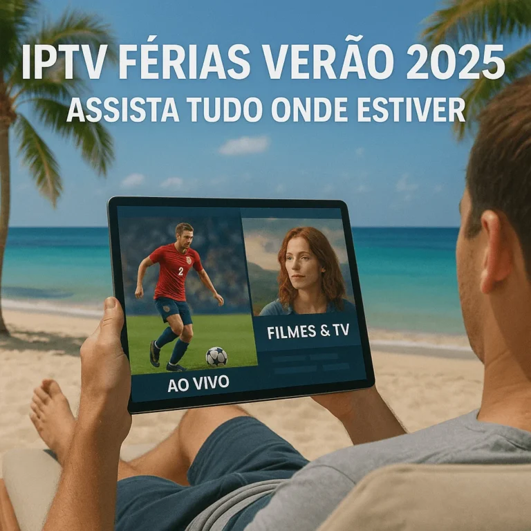 Man on beach streaming IPTV with Portuguese text “IPTV Férias Verão 2025 – Assista Tudo Onde Estiver”.