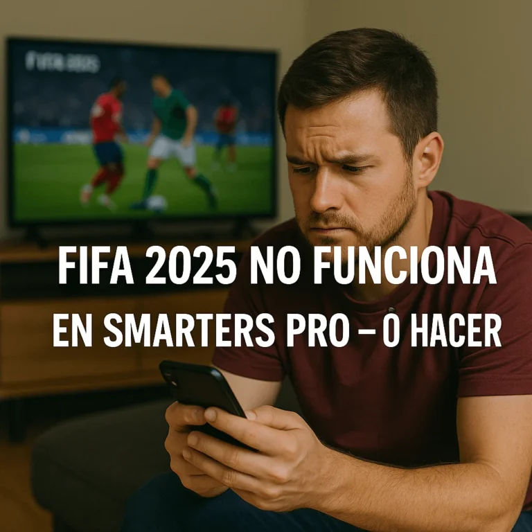 Hombre frustrado viendo su móvil con FIFA 2025 en la TV de fondo