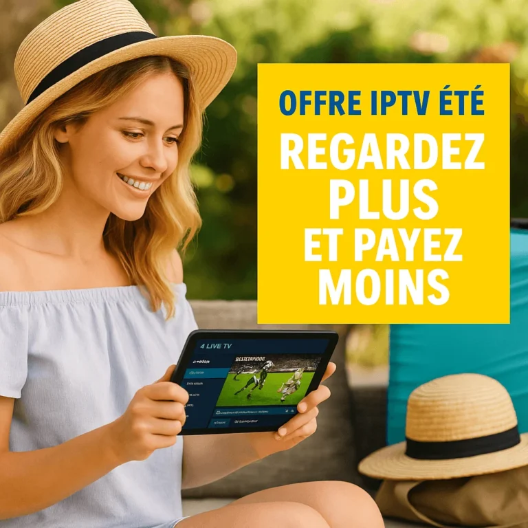 Femme souriante regarde le sport en direct sur sa tablette en vacances, avec un chapeau d’été, une valise turquoise et une bannière “Offre IPTV Été”