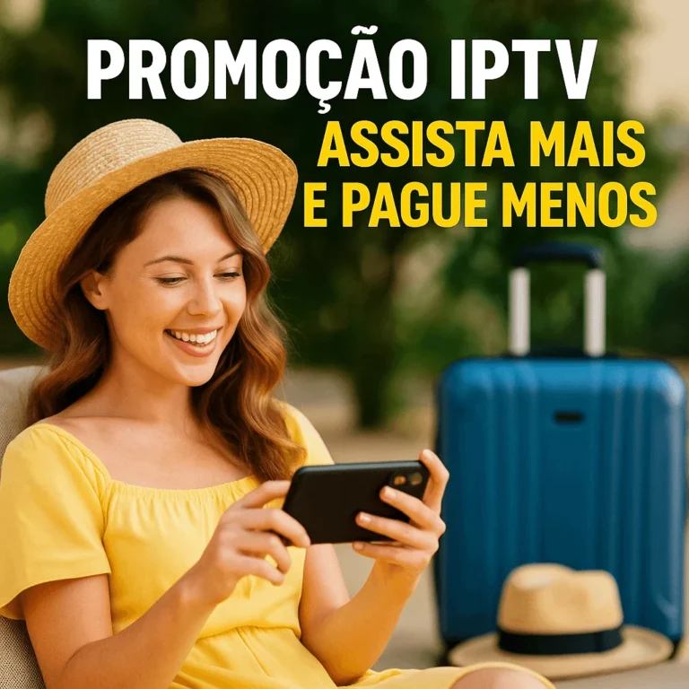 Mulher sorridente assiste IPTV no celular durante as férias, com mala azul e chapéu de palha ao fundo