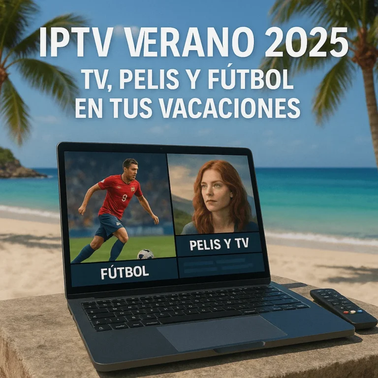 Laptop on beach streaming IPTV with Spanish text about watching movies and football in summer 2025.