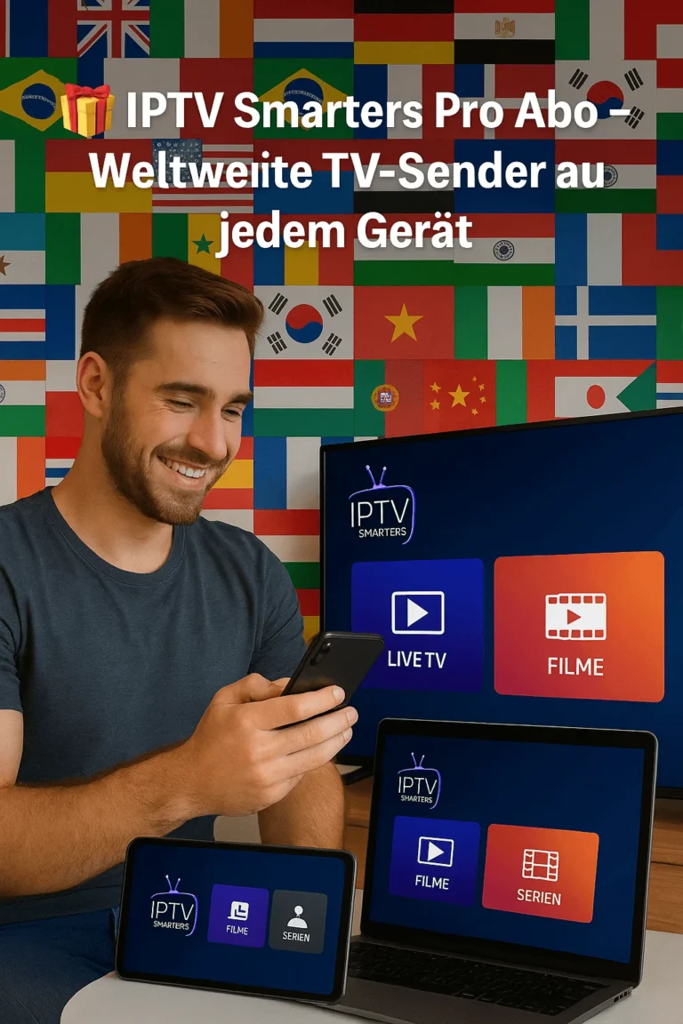 Mann nutzt IPTV Smarters Pro auf Smartphone, Tablet und Fernseher; im Hintergrund viele Länderflaggen