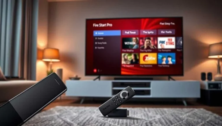 Fire TV Stick remote on a table in front of a smart TV showing app menu in a modern living room