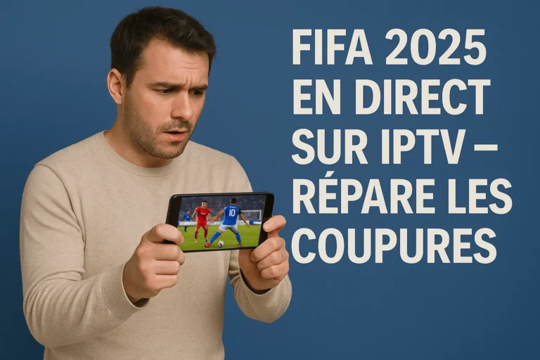Homme regarde match FIFA 2025 sur téléphone avec texte IPTV