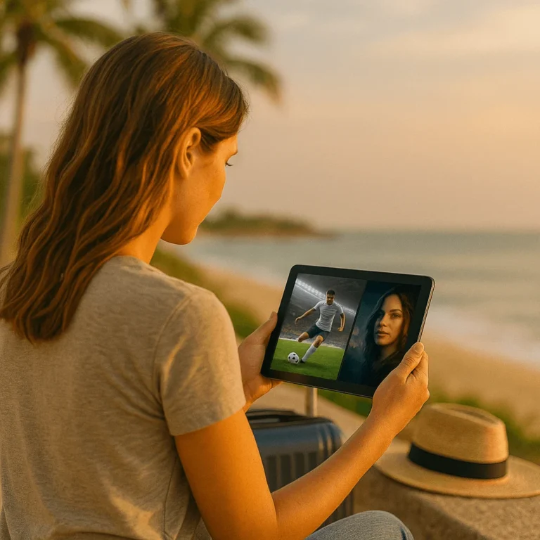 Woman watching IPTV on a tablet while traveling, with suitcase and sunhat beside her, sunny beach background.