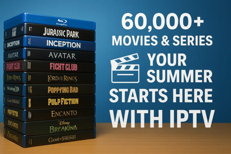 Digital graphic showing stacked Blu-ray cases with text promoting 60,000+ IPTV movies and series