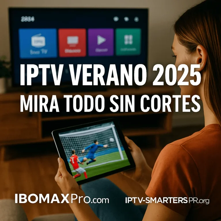 Woman watching football on a tablet, with IPTV apps on a smart TV in the background and Spanish promo text overlay.