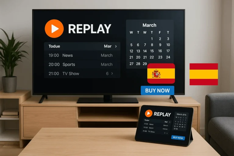 Televisor y tablet mostrando interfaz Replay IPTV con calendario y programas en diferido, bandera de España incluida