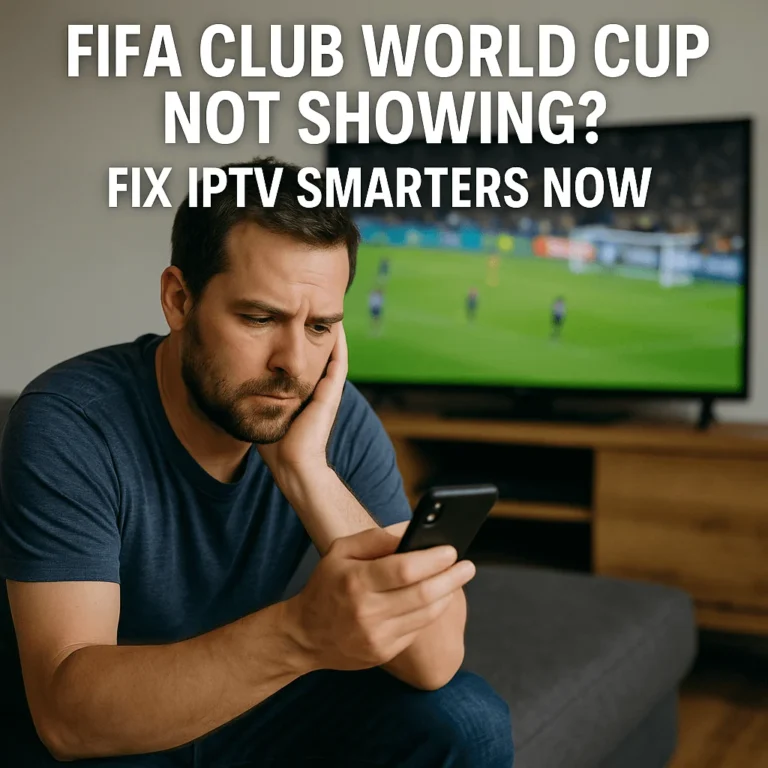 Man looks frustrated at phone while FIFA Club World Cup is on TV