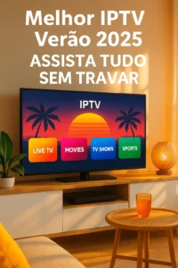 Living room with TV screen showing IPTV app and summer sunset interface