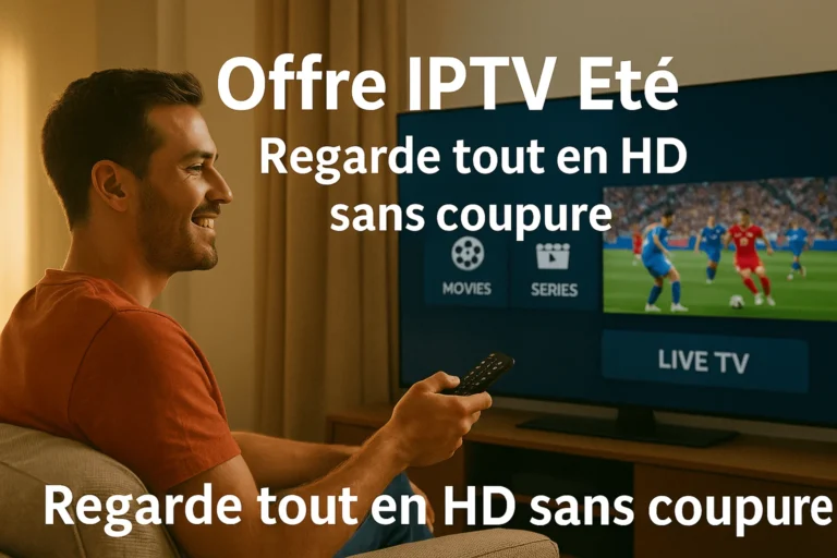 Homme souriant regardant un match de football sur IPTV dans son salon