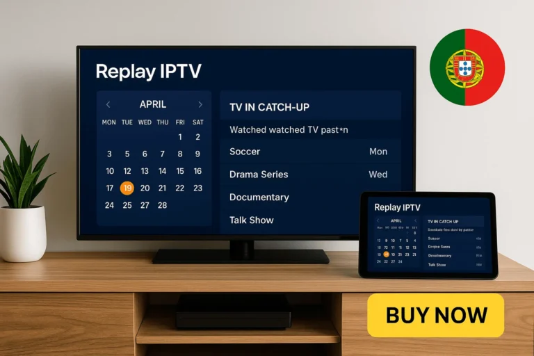 Televisor y tablet mostrando la función Replay IPTV con calendario y lista de programas, bandera de Portugal en pantalla