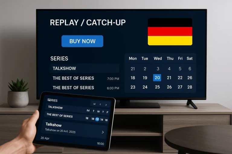 Televisor y tablet mostrando Replay IPTV con lista de programas y calendario, bandera de Alemania en pantalla