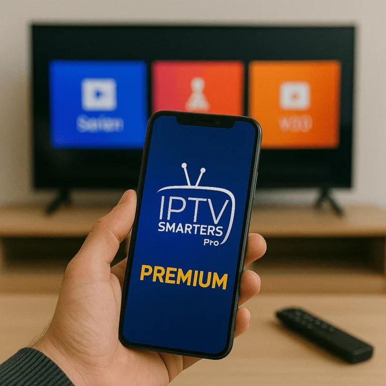 Smartphone mit IPTV Smarters Pro Premium vor einer TV-Oberfläche mit Serien, Kanäle und VOD